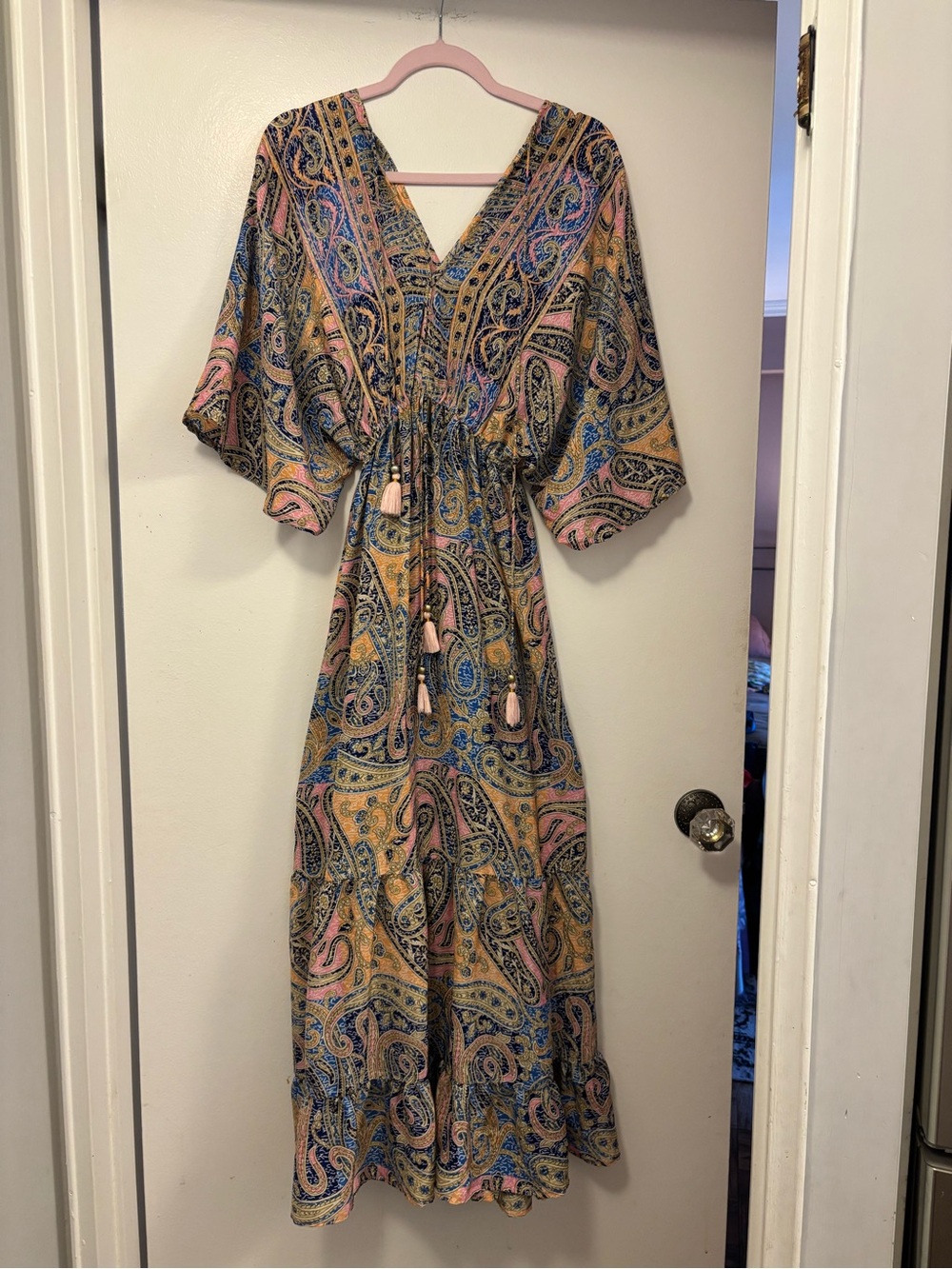Zury boho silk blend Paisley V-Neck Maxi Dress in Pink and Gold festival